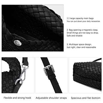 Women Woven Tote Small Crossbody Bag, Weave Quilted Purse Square Shoulder Bag Woven Handbag with Detachable Strap (Black)