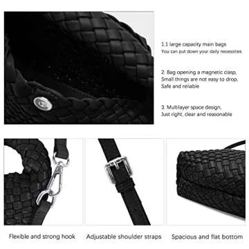 Women Woven Tote Small Crossbody Bag, Weave Quilted Purse Square Shoulder Bag Woven Handbag with Detachable Strap (Black)