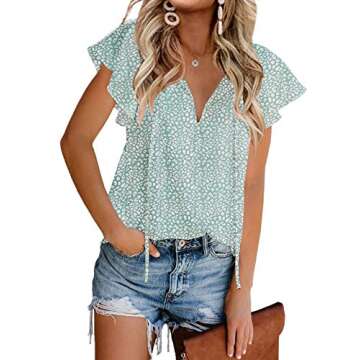 Mansy Women's Casual Floral Print V Neck Ruffle Short Sleeve Summer Shirts Tops Loose Blouses