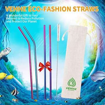 VEHHE Metal Straws Stainless Steel Straws 10.5" Drinking Straws Reusable 4 Set - Ultra Long Rainbow Color-Cleaning Brush for 20/30 Oz for Yeti RTIC SIC Ozark Trail Tumblers (2 Straight|2 Bent|1 Brush)