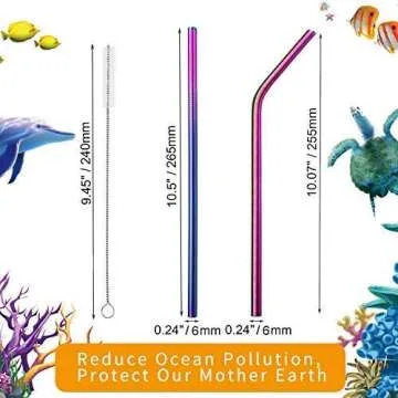VEHHE Metal Straws Stainless Steel Straws 10.5" Drinking Straws Reusable 4 Set - Ultra Long Rainbow Color-Cleaning Brush for 20/30 Oz for Yeti RTIC SIC Ozark Trail Tumblers (2 Straight|2 Bent|1 Brush)