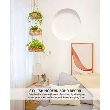 Hanging Fruit Basket 3 Tier for Kitchen, Handmade Natural Rattan Handwoven Wicker Seagrass Woven Wall Baskets Vegetable Organizer Produce Fruit Holder Counter Space Saver Storage Boho Hanging Planter