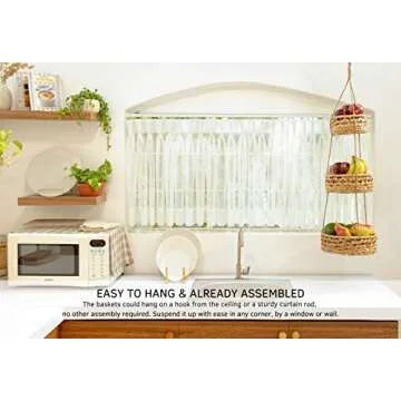 Hanging Fruit Basket 3 Tier for Kitchen, Handmade Natural Rattan Handwoven Wicker Seagrass Woven Wall Baskets Vegetable Organizer Produce Fruit Holder Counter Space Saver Storage Boho Hanging Planter