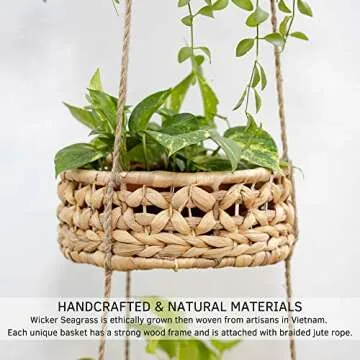 Hanging Fruit Basket 3 Tier for Kitchen, Handmade Natural Rattan Handwoven Wicker Seagrass Woven Wall Baskets Vegetable Organizer Produce Fruit Holder Counter Space Saver Storage Boho Hanging Planter
