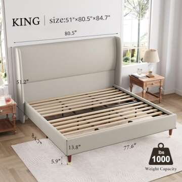 Jocisland King Bed Frame Upholstered Bed with Wingback Headboard Platform Bed King Size/No Box Sprin...