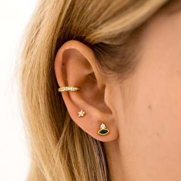 MYEARS Women Evil Eye Earrings Gold Stud Green Crystal Dianmond Cubic Zirconia 14K Gold Filled Small...