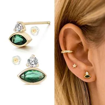 MYEARS Women Evil Eye Earrings Gold Stud Green Crystal Dianmond Cubic Zirconia 14K Gold Filled Small Simple Handmade Hypoallergenic Everyday Protection Jewelry