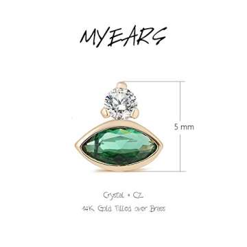 MYEARS Women Evil Eye Earrings Gold Stud Green Crystal Dianmond Cubic Zirconia 14K Gold Filled Small Simple Handmade Hypoallergenic Everyday Protection Jewelry