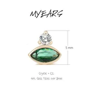 MYEARS Women Evil Eye Earrings Gold Stud Green Crystal Dianmond Cubic Zirconia 14K Gold Filled Small Simple Handmade Hypoallergenic Everyday Protection Jewelry