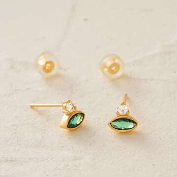 MYEARS Women Evil Eye Earrings Gold Stud Green Crystal Dianmond Cubic Zirconia 14K Gold Filled Small Simple Handmade Hypoallergenic Everyday Protection Jewelry