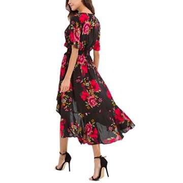 Kormei Womens Short Sleeve Floral High Low V-Neck Flowy Party Long Maxi Dress L Black&Red
