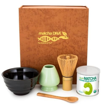 Drink Matcha Brown Tea Gift Box Set - Matcha Tea Ceremony Gift Set - with Organic Ceremonial Matcha Green Tea 1 Ounce Tin Can, a Bamboo Whisk, a Ceramic Whisk Holder, a Matcha Bowl and Bamboo Spoon.
