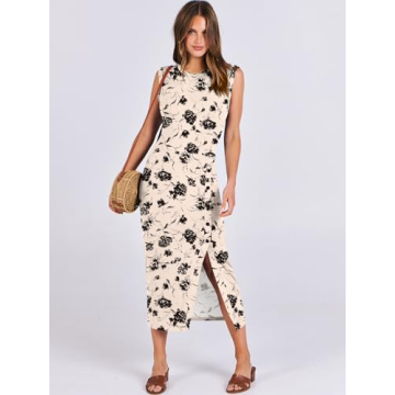 ANRABESS Womens Summer Sleeveless Dresses Crew Neck Slim fit 2025 Trendy Casual Button Slit Bodycon Party Club Midi Dress Black Flower Small