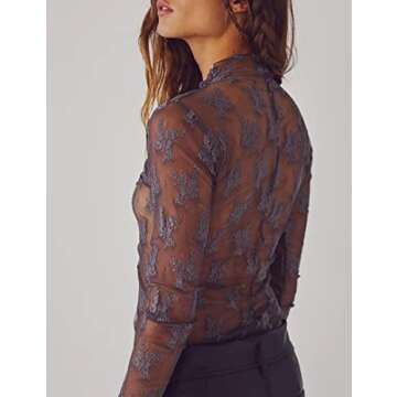 Ugerlov Women's Long Sleeve Mesh Top Mock Neck Sheer Blouse See Through Floral Lace Tops, Purple M