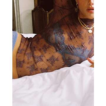 Ugerlov Women's Long Sleeve Mesh Top Mock Neck Sheer Blouse See Through Floral Lace Tops, Purple M