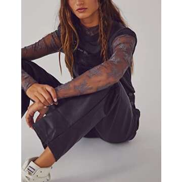 Ugerlov Women's Long Sleeve Mesh Top Mock Neck Sheer Blouse See Through Floral Lace Tops, Purple M