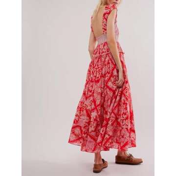 Women Summer Dresses Flowy Smocked Maxi Dress Puff Sleeve Sweetheart Y2K Floral Boho Beach Sundresse...