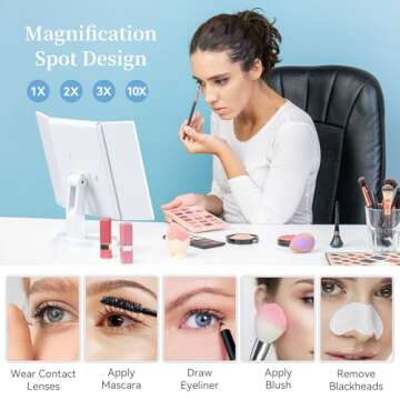 HAMSWAN Makeup Mirror Vanity Mirror with Lights, Lighted Makeup Mirror with 1X 2X 3X 10X Magnifying, Touch Control Design, Dual Power Supply, Portable LED Makeup Mirror, Women Gift (White+10X)