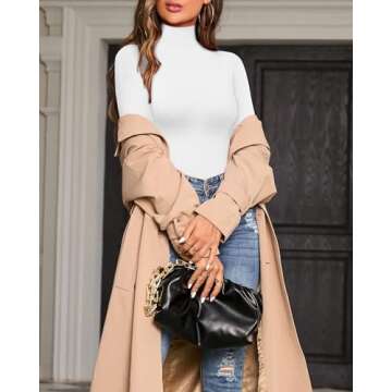 MANGOPOP Long Sleeve Bodysuits for Women Mock Turtle Neck Ribbed Body Suit Tops