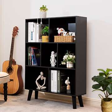 YAHARBO Black Bookshelf,3 Tier Modern Bookcase with Legs,Bookshelves Wood Storage Shelf, Open Book S...