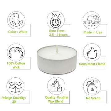 CandleNScent Unscented Tealight Candles, 30 Pack, White, Made in USA