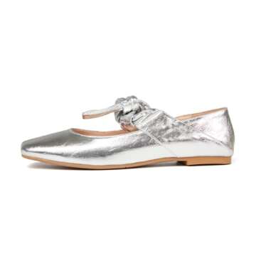 Pomoxikn Silver Mary Jane for Women Square Toe Mary Jane Pumps Bow Knots Ballet Flats for Women Desi...