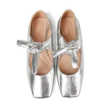 Pomoxikn Silver Mary Jane for Women Square Toe Mary Jane Pumps Bow Knots Ballet Flats for Women Designer Flats Slip On Dress Ballerina Shoes. -9