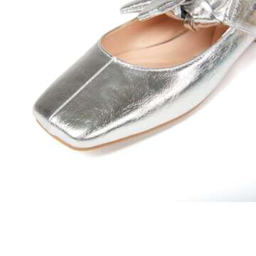 Pomoxikn Silver Mary Jane for Women Square Toe Mary Jane Pumps Bow Knots Ballet Flats for Women Designer Flats Slip On Dress Ballerina Shoes. -9