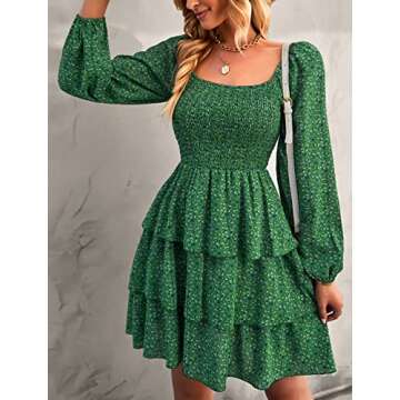 BTFBM Women Square Neck Smocked Dresses 2025 Summer Fall Long Sleeve Floral Swiss Dot Mini Boho Wedding Guest Dress(Floral Green Blue, Medium)