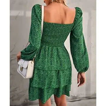 BTFBM Women Square Neck Smocked Dresses 2025 Summer Fall Long Sleeve Floral Swiss Dot Mini Boho Wedding Guest Dress(Floral Green Blue, Medium)
