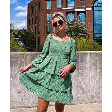BTFBM Women Square Neck Smocked Dresses 2025 Summer Fall Long Sleeve Floral Swiss Dot Mini Boho Wedding Guest Dress(Floral Green Blue, Medium)