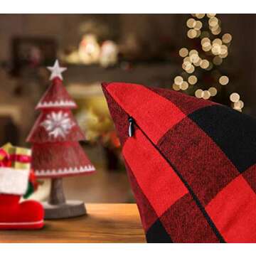 4TH Emotion Set of 2 Christmas Buffalo Check Plaid Throw Pillow Covers Cushion Case Polyester for Farmhouse Home Decor Red and Black, 18 x 18 Inches