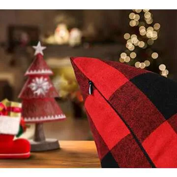 4TH Emotion Set of 2 Christmas Buffalo Check Plaid Throw Pillow Covers Cushion Case Polyester for Farmhouse Home Decor Red and Black, 18 x 18 Inches