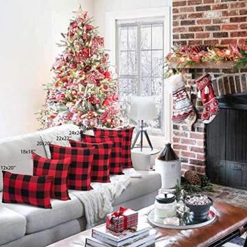 4TH Emotion Set of 2 Christmas Buffalo Check Plaid Throw Pillow Covers Cushion Case Polyester for Farmhouse Home Decor Red and Black, 18 x 18 Inches