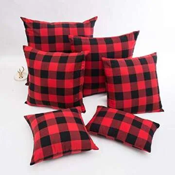 4TH Emotion Set of 2 Christmas Buffalo Check Plaid Throw Pillow Covers Cushion Case Polyester for Farmhouse Home Decor Red and Black, 18 x 18 Inches