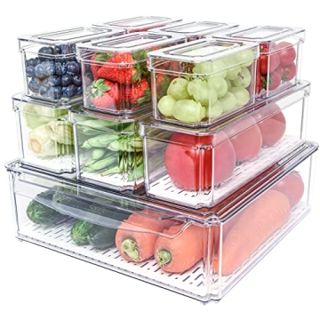 Pomeat 10 Pack Fridge Organizer, Stackable Refrigerator Organizer Bins with Lids, BPA-Free Produce F...