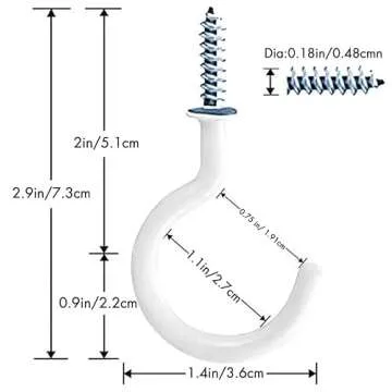 Heebabeys 12 Pcs 2.9 Inches White Ceiling Hooks,Vinyl Coated Screw-in Wall Hooks, Plant Hooks, Kitchen Hooks, Cup Hooks Great for Indoor & Outdoor Use (12 Pack +12 Extra Pipes)