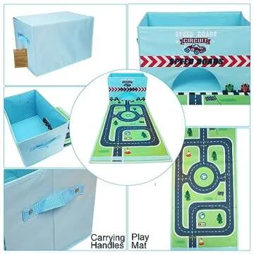 Livememory Toy Cars Garage Box - 2 in 1 Toy Car Storage Car Toys Storage Box with Speed Roads (Not Included Cars)-Sky Blue