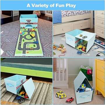 Livememory Toy Cars Garage Box - 2 in 1 Toy Car Storage Car Toys Storage Box with Speed Roads (Not Included Cars)-Sky Blue