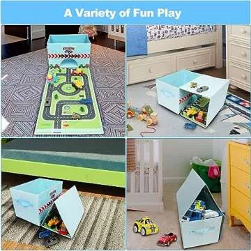 Livememory Toy Cars Garage Box - 2 in 1 Toy Car Storage Car Toys Storage Box with Speed Roads (Not Included Cars)-Sky Blue