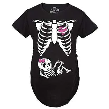 Crazy Dog Womens Maternity T Shirt Funny Skeleton It's A Girl Baby Annoucement Halloween Graphic Novelty Tee Cute Pregnancy Announcement Halloween Costume Black XXL