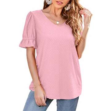 Neineiwu Women Loose Blouses Summer Casual V Neck Bubble Ruffle Short Sleeves Swiss Dot Tops (Medium, Pink02)