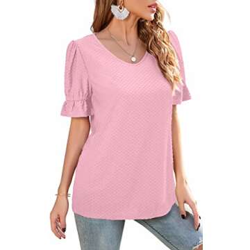 Neineiwu Women Loose Blouses Summer Casual V Neck Bubble Ruffle Short Sleeves Swiss Dot Tops (Medium, Pink02)