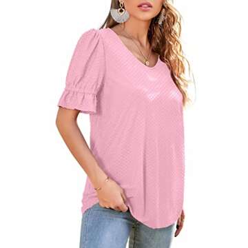 Neineiwu Women Loose Blouses Summer Casual V Neck Bubble Ruffle Short Sleeves Swiss Dot Tops (Medium, Pink02)