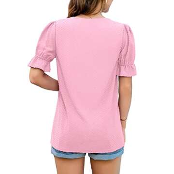 Neineiwu Women Loose Blouses Summer Casual V Neck Bubble Ruffle Short Sleeves Swiss Dot Tops (Medium, Pink02)
