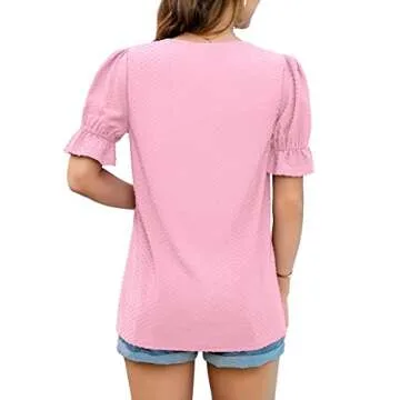 Neineiwu Women Loose Blouses Summer Casual V Neck Bubble Ruffle Short Sleeves Swiss Dot Tops (Medium, Pink02)