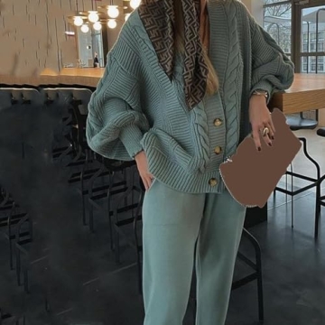 Women's 2 Piece Outfit Lounge Set Trendy Cardigan Sweater Pants Sets V Neck Button Pockets Knit Matching Loungewear Green