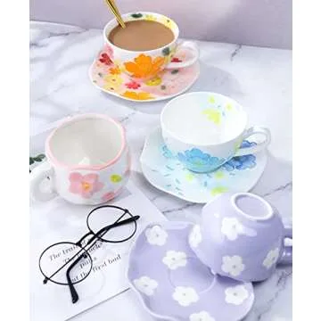 Noviko Purple Flower Mug and Saucer Set for Gifts