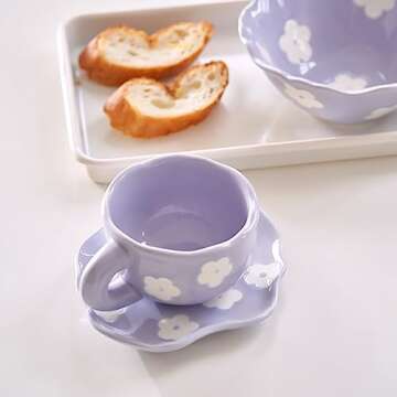Noviko Purple Flower Mug and Saucer Set for Gifts