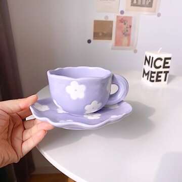 Noviko Purple Flower Mug and Saucer Set for Gifts